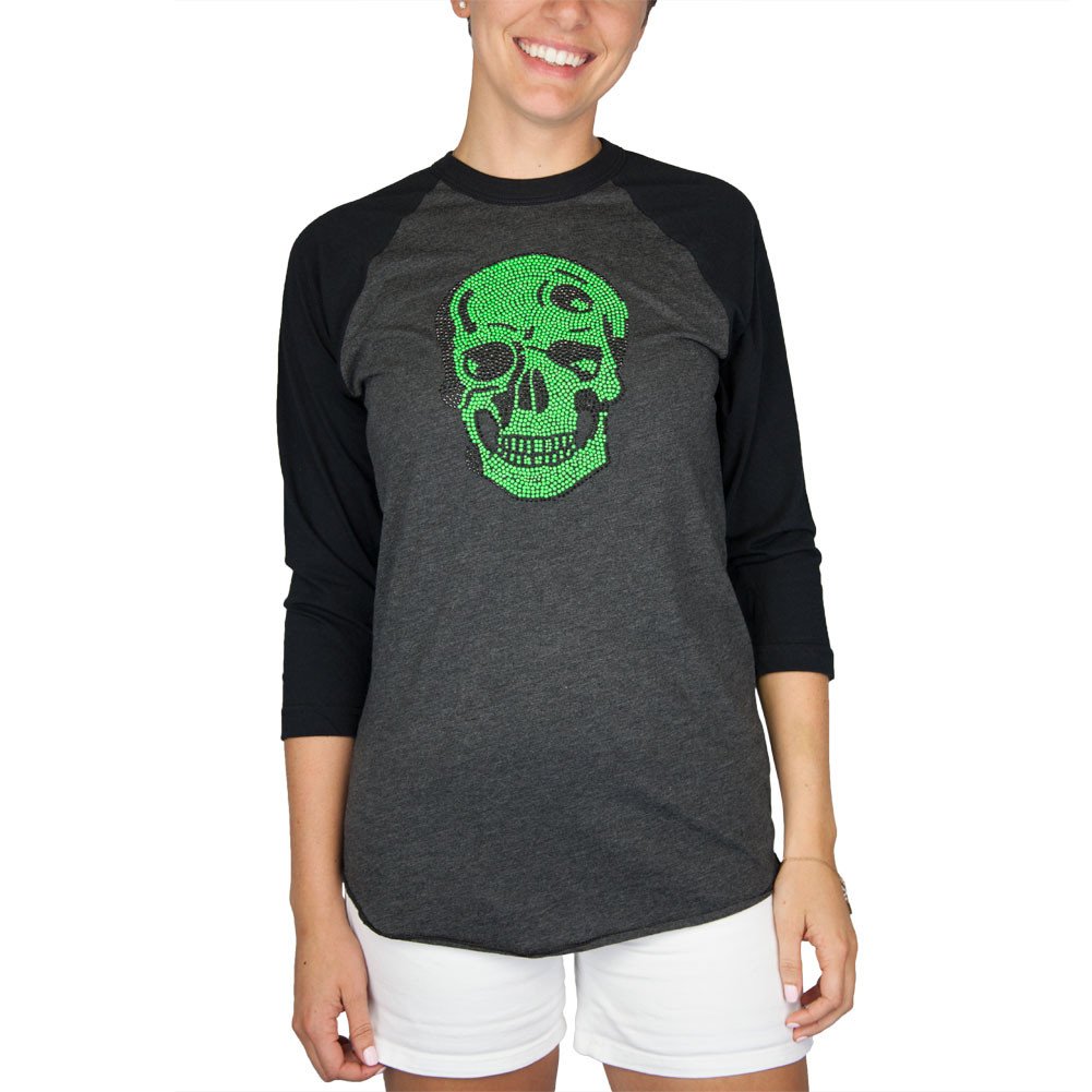 Green Neon Skull Raglan Baseball T Shirt