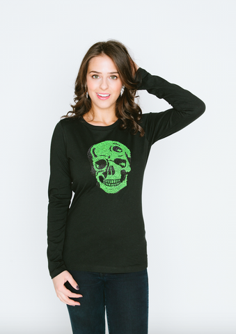 Long Sleeve Crew Neck Shirt with Neon Green Skull