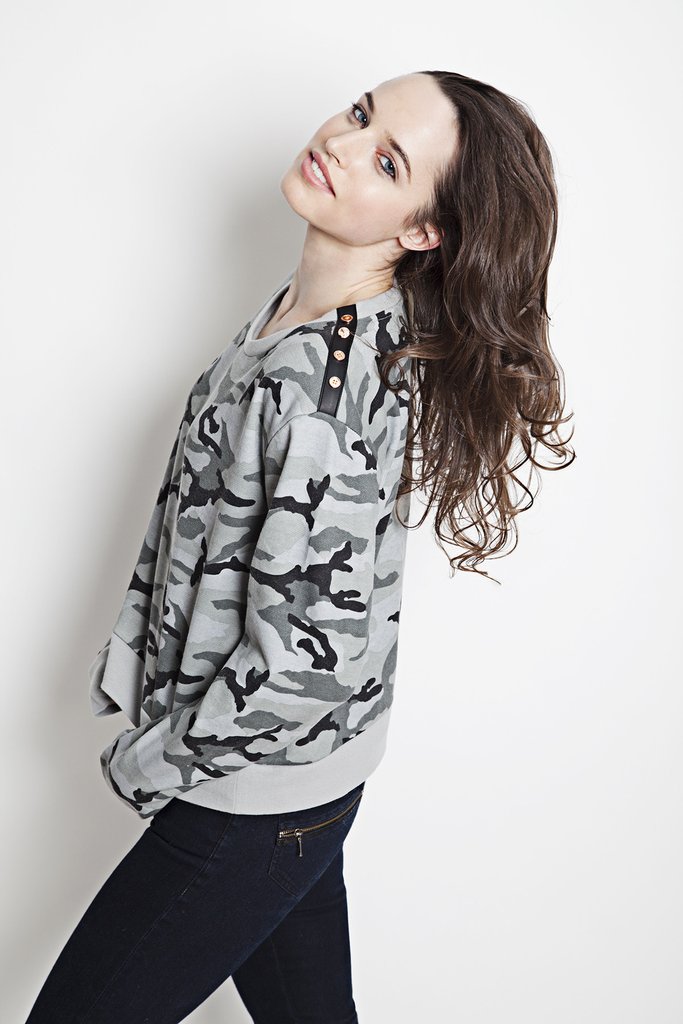 Cropped Sweatshirt w/ Thumbholes & Leather Placket in Grey Camo