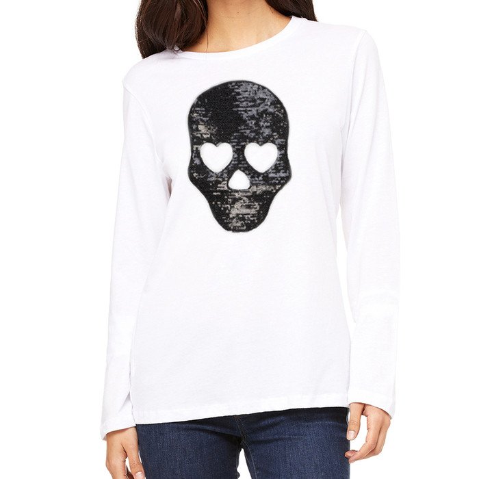 Long Sleeve Crew Neck Shirt w/ SEQUIN SKULL