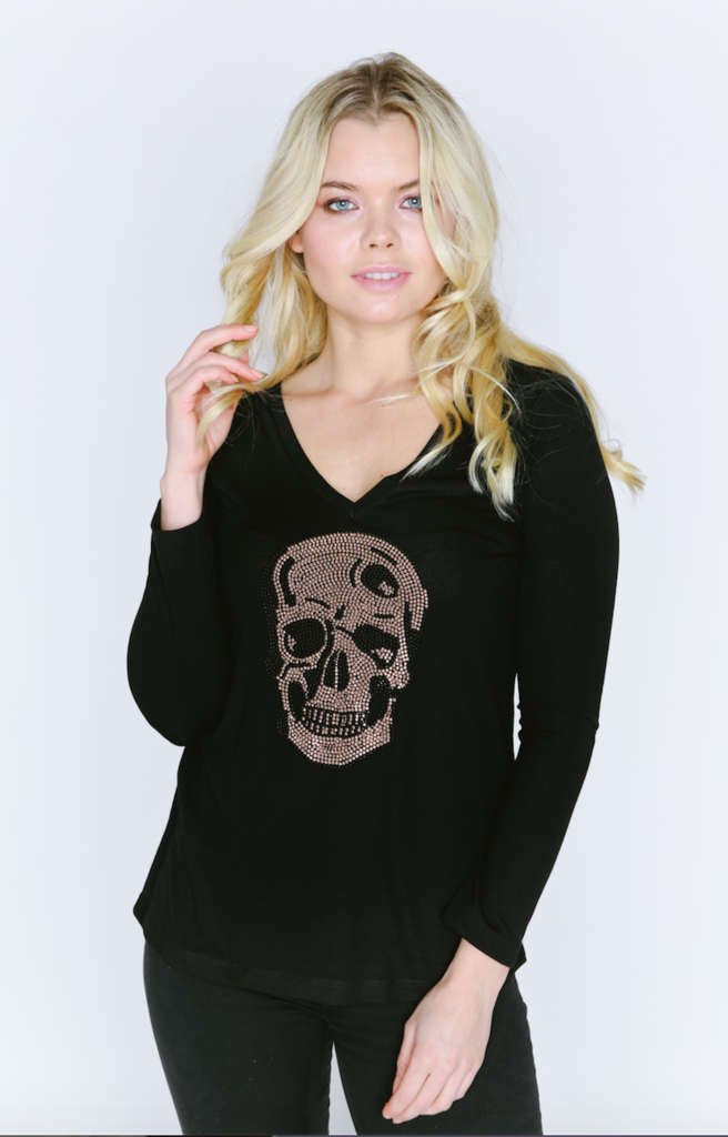 Rose Gold Skull Long Sleeve V-Neck T Shirt