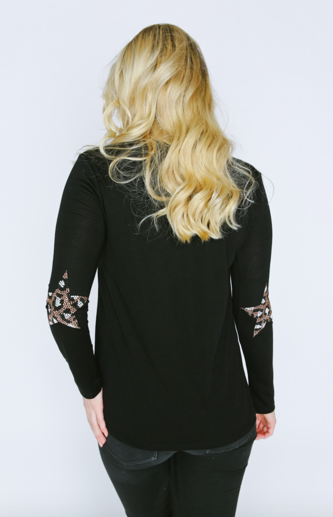 Star Cheetah Elbow Patches Long Sleeve V-Neck T Shirt