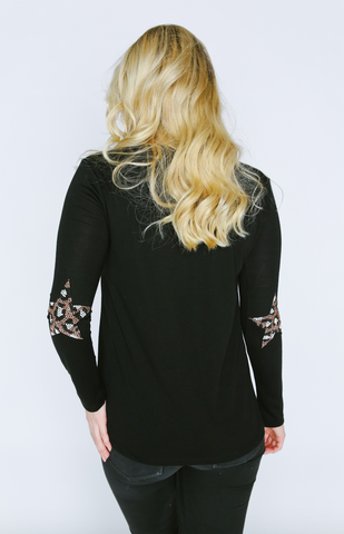 Star Cheetah Elbow Patches Long Sleeve V-Neck T Shirt