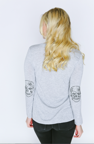 Skull Elbow Patch Long Sleeve V-Neck T Shirt