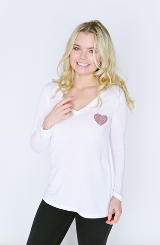 Red Crystal Heart Long Sleeve V-Neck T Shirt