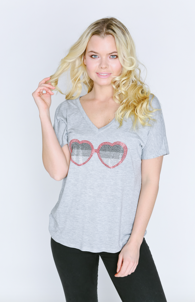 Heart Sunglasses Short Sleeve V-Neck T Shirt