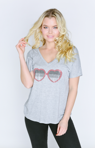 Heart Sunglasses Short Sleeve V-Neck T Shirt