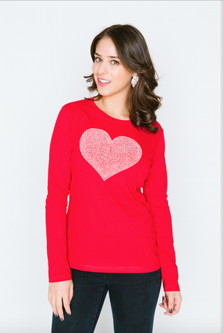 White Heart Long Sleeve Crew Neck T Shirt