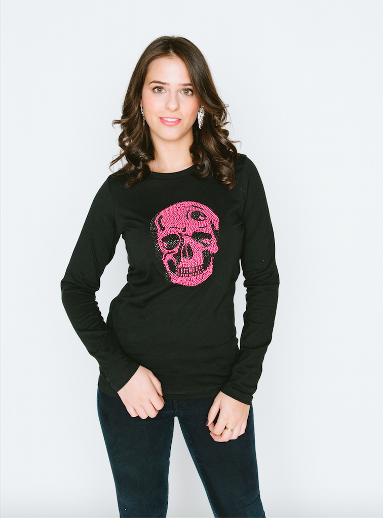 Neon Pink Skull Long Sleeve Crew Neck T Shirt
