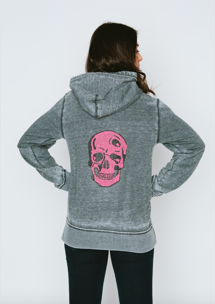 Neon Pink Skull Burnout Womens Boyfriend Zip-Up Hoodie