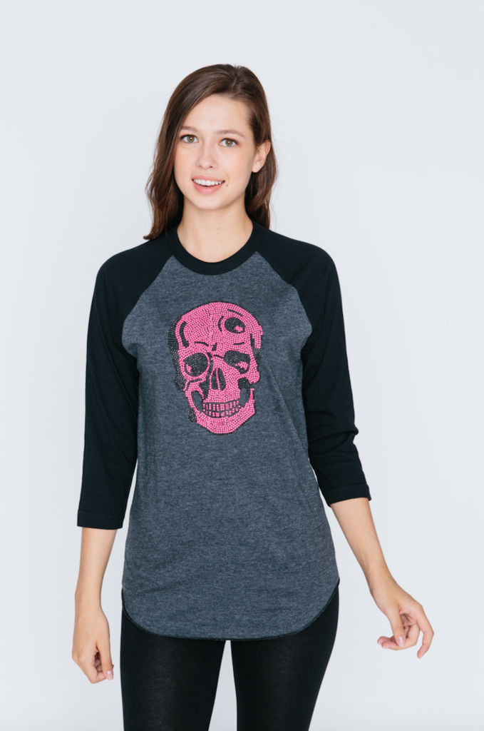 Pink Neon Skull Raglan Baseball T Shirt