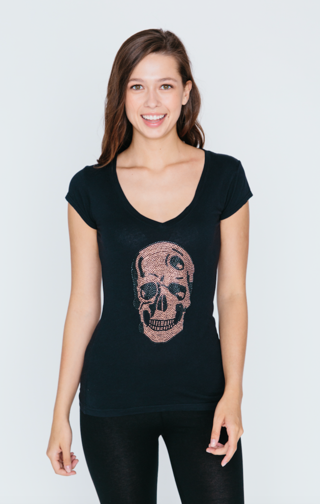Rose Gold Skull V-Neck T Shirt