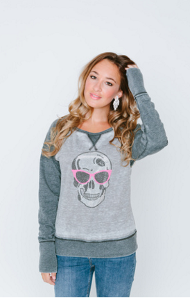 Baseball Burnout Crew Neck Sweatshirt with Crystal Sunglass Skull