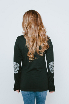 Long Sleeve Crew Neck Shirt with Crystal Skull Elbow Patches