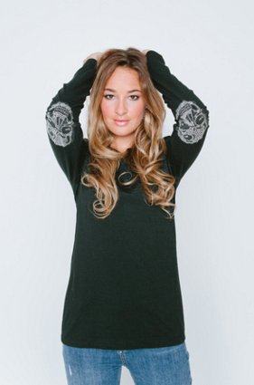 Long Sleeve Crew Neck Shirt with Crystal Skull Elbow Patches