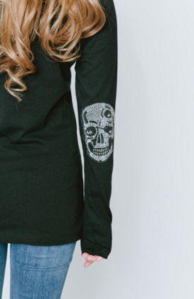 Long Sleeve Crew Neck Shirt with Crystal Skull Elbow Patches