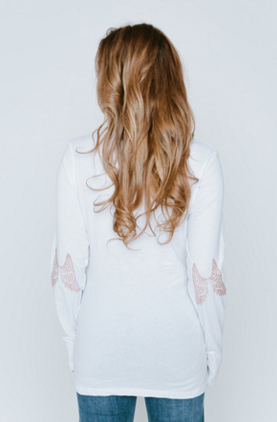 Long Sleeve Crew Neck Shirt with Crystal Wings Elbow Patches