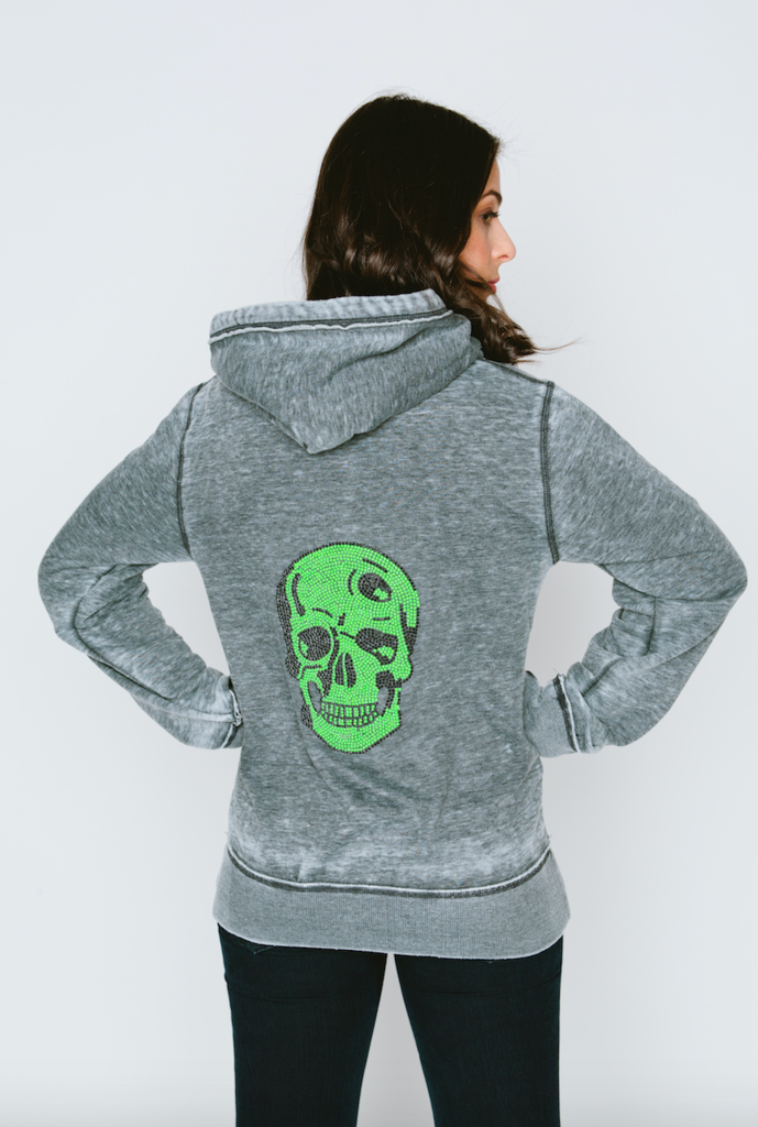 Neon Green Skull Burnout Womens Boyfriend Zip-Up Hoodie
